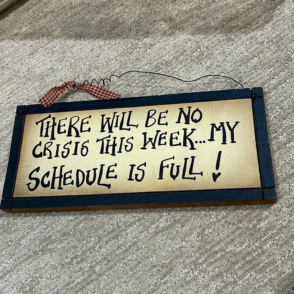 There will be no crises this week…my schedule is full! Wood Sign w wire hanger